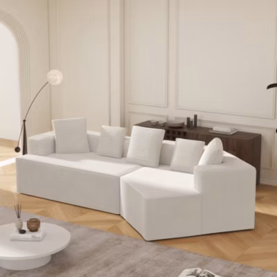 Canapé modulable 3 places 312 cm sans montage en velours cotele, style minimaliste, assise moelleuse type cloud, livré compressé