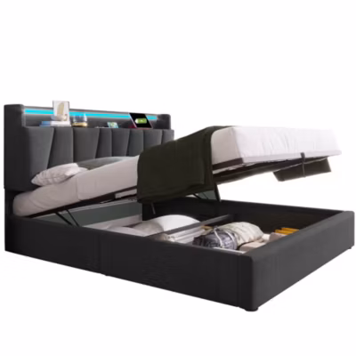 Lit 140×200 cm avec tête de rangement, prises USB et LED RGBW, tapissé lin gris et cadre métal