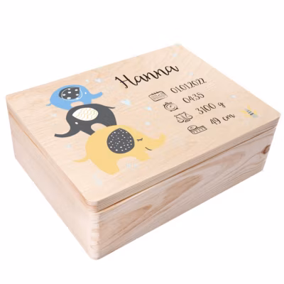 Creative Deco Boîte en Bois Personnalisée pour Naissance – Motif Éléphant – 40 x 30 x 14 cm – Cadeau Souvenir Bébé Personnalisable