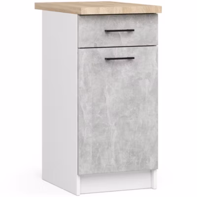 Meuble de cuisine sur pied : 1 tiroir, 1 porte, 2 étagères, blanc / béton, 40 x 85 x 46 cm