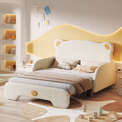 Lit gigogne 140×110 & 140×200 cm, lit double rembourré ours, bords protecteurs, matelas éponge, lattes bois, velours beige