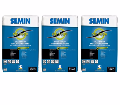 Enduit Multifonctions CE 3000 Semin pour Coller, Fixer, Reboucher, Aplanir, Lisser et Décorer, Intérieur, Sac de 25 kg (lot de 3)