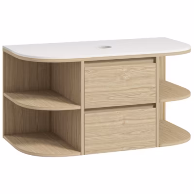 Meuble sous vasque suspendu design tiroirs étagères – dim. 90L x 45P x 46H cm – effet bois clair