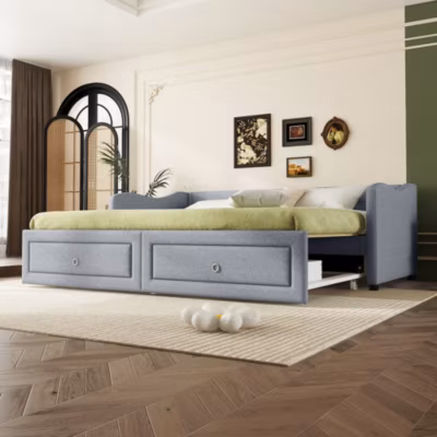 Canapé-lit 90×200 cm convertible avec lit gigogne 180×200 cm et 2 tiroirs en lin gris, design minimaliste