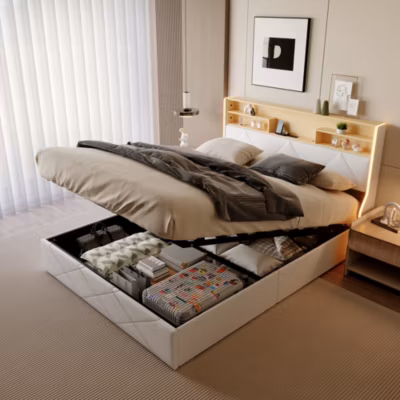Lit double 160×200 cm, rangement à vérin hydraulique, tête de lit USB, LED, effet pierre, PU, Blanc