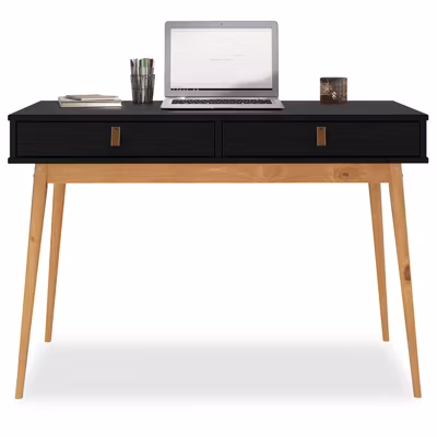 Bureau WANDA avec 2 tiroirs, en pin massif – Coloris noir et chêne